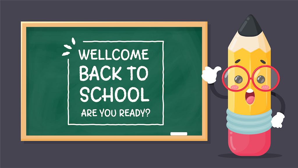 Cartoon Figuren schreiben eine Nachricht "Welcom Back to school. Are you Ready?" mit einem Stock an der Tafel.