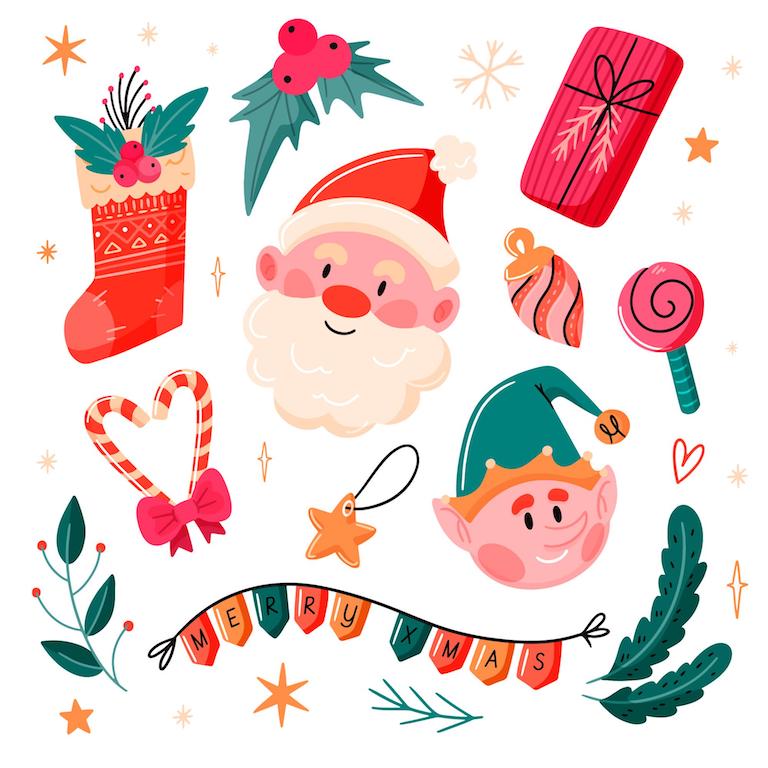 Weihnachtsmann mit Elf und Lichterkette Merry XMas
