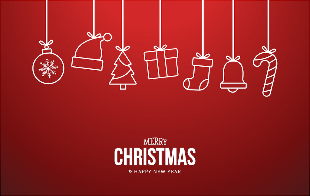 Weihnachtssymbole an einer Kette mit dem Text Merry Christmas und Happy New Year